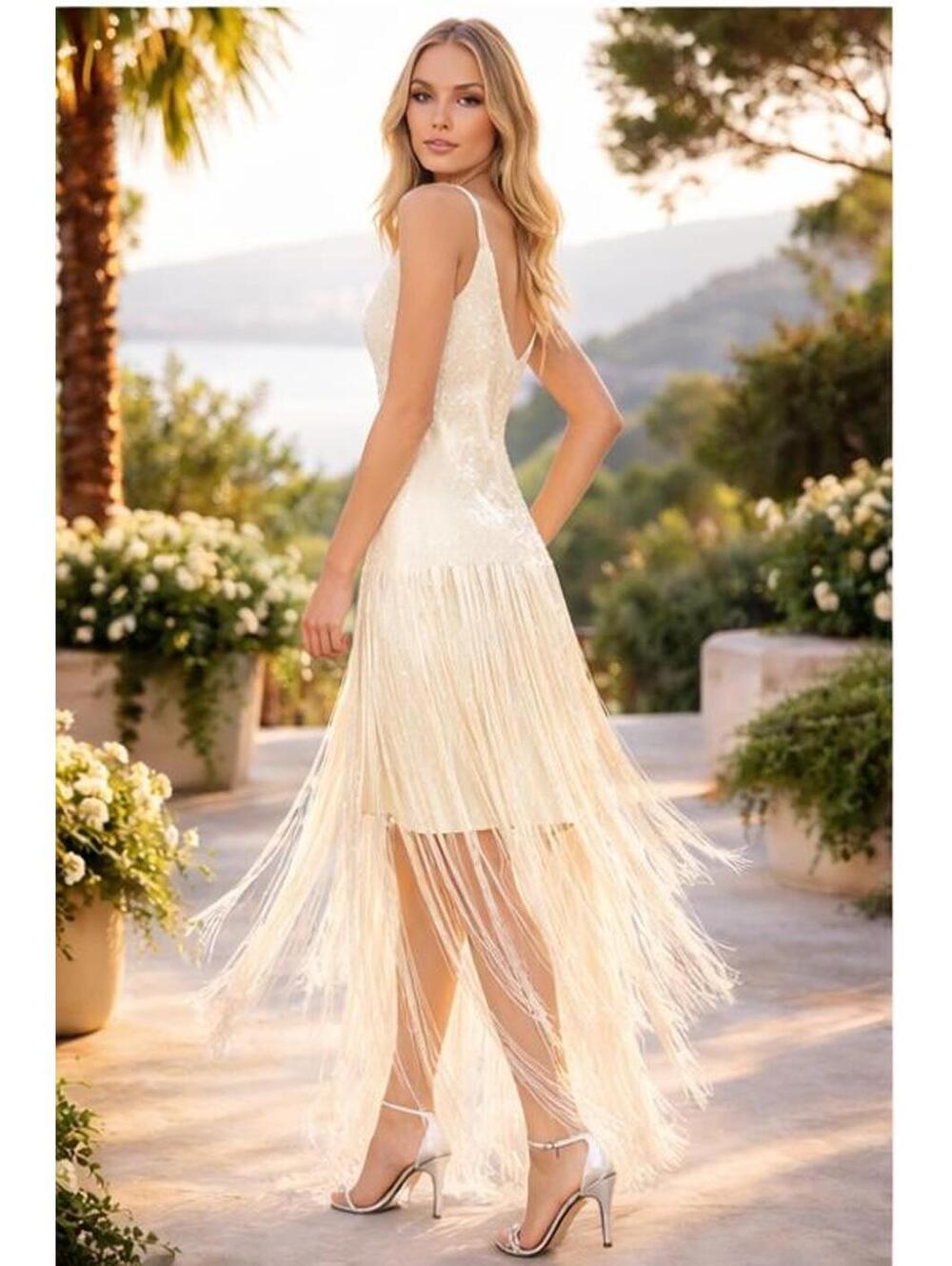 Badgley Mischka Emilia Tiered Sequin Fringe V-Neck Dress Butter Yellow * 4 Party - Picture 7 of 8